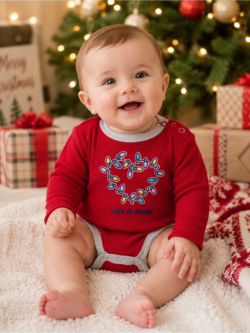 Life Is Good Baby Christmas Lights Heart Thermal Waffle Knit Bodysuit 0-3M - Picture 5 of 9